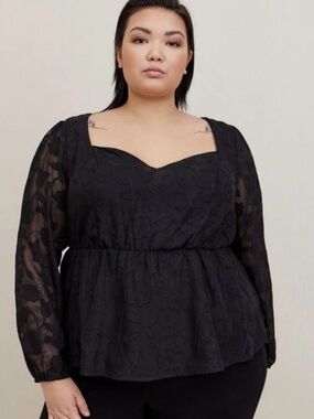 Torrid Peplum Chiffon Clip Floral Puff Sleeve Top Women’s Size 2X Black New